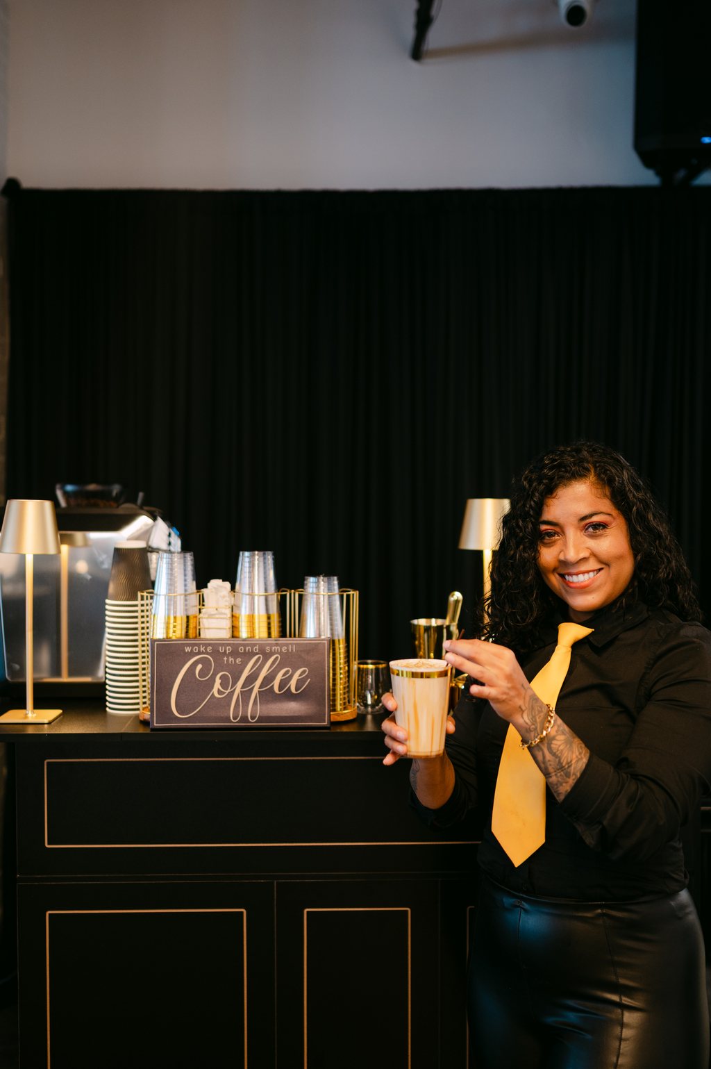A barista at the coffee service cart at a corporate event at Trellis 925