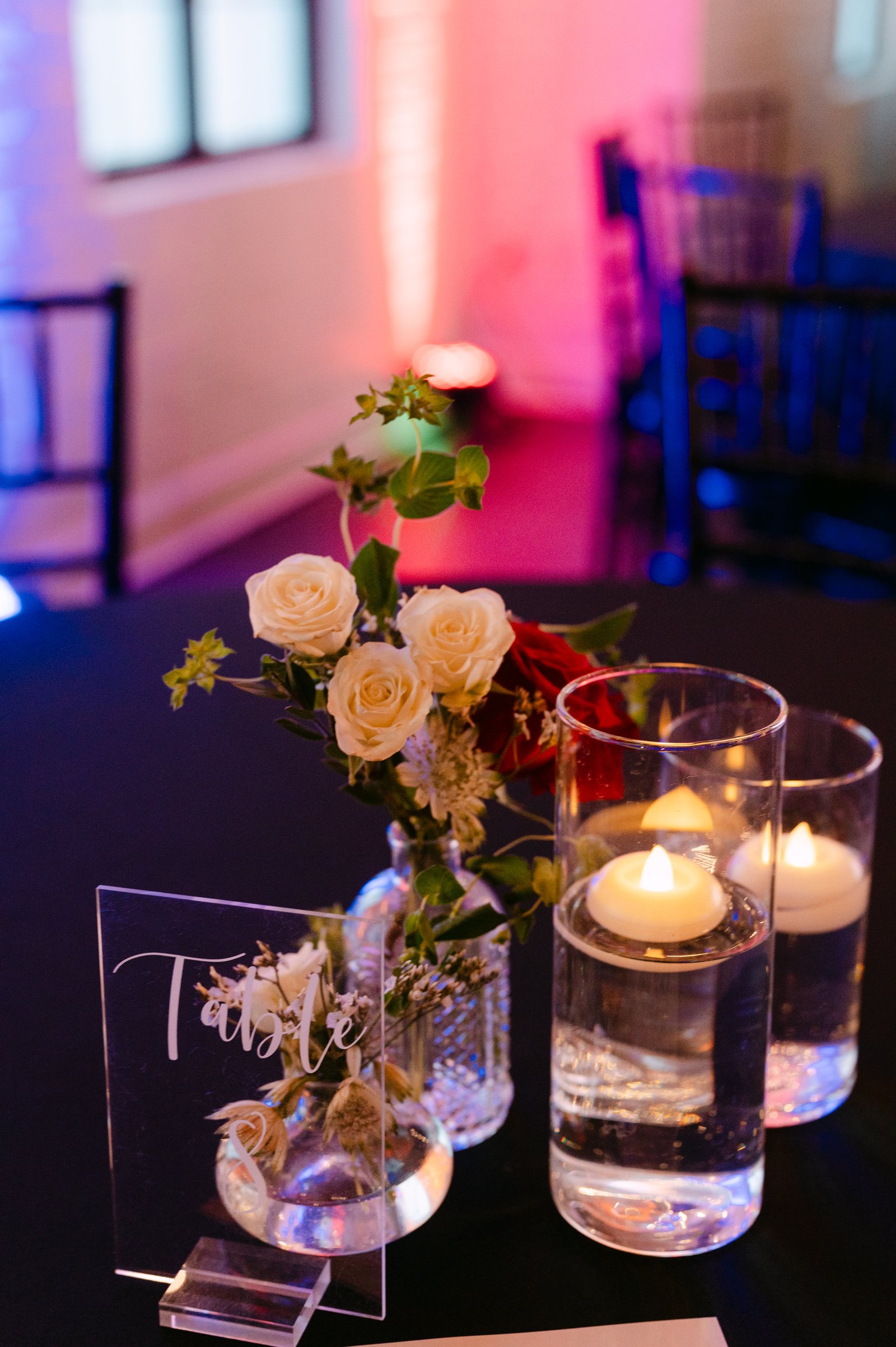 Floral and candlelight table detail at Trellis 925