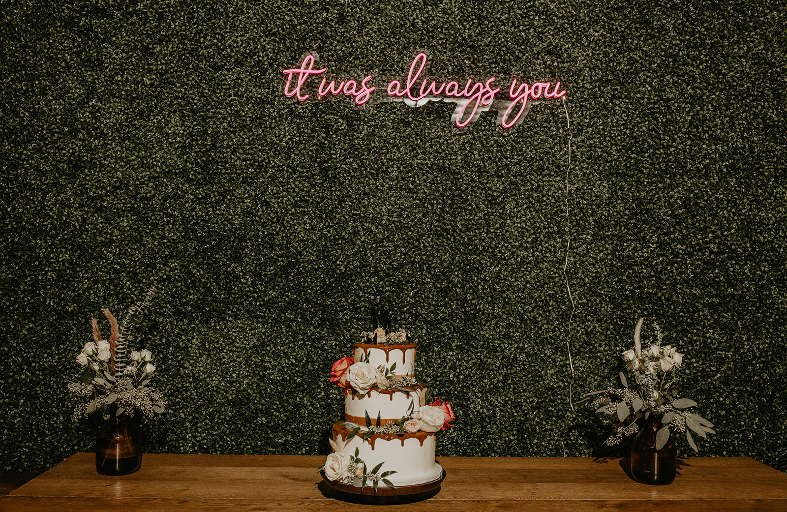 Industrial Layered Cake Neon Sign Wedding Venue